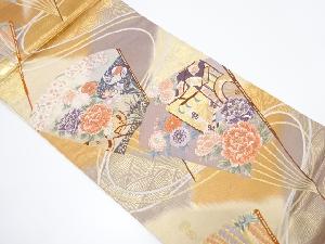 扇面牡丹に菊模様織出し袋帯